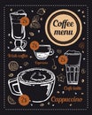 Coffee menu design template. Hand drawn vector sketch of different types of coffee drinks with titles and prices on blackboard Royalty Free Stock Photo